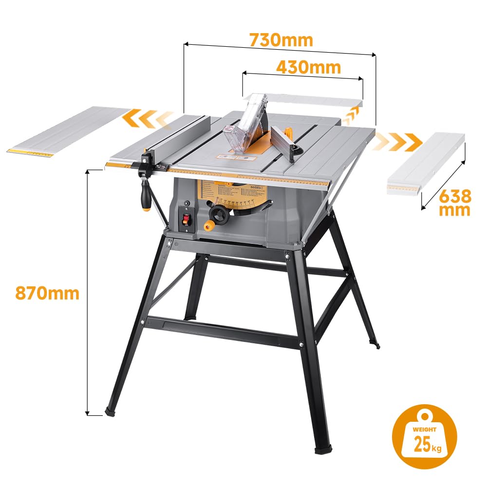 Hoteche Stołowa pilarka tarczowa 1500 W, 254 mm, 4500 obr./min, blat roboczy 430 x 638 mm, z 3 stołami przedłużającymi i prowadnicą