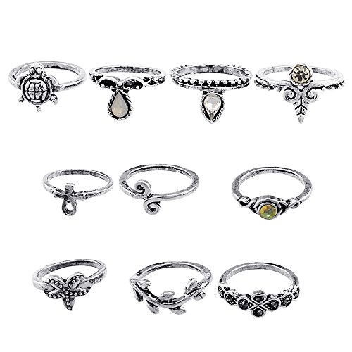 10 Pcs Vintage Women Mid Ring Set Bohemian Starfish Rhinestone Joint Knuckle Nail Midi Ring Set