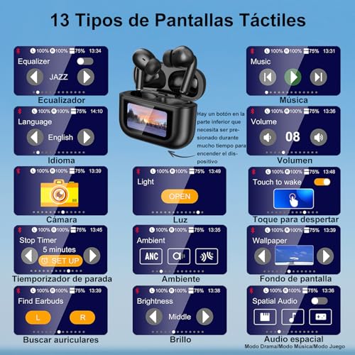 Auriculares Bluetooth, 2025 LED Full Color Touch Screen Wireless Earbuds, Inalámbricos Earbuds Bluetooth 5.4 in Ear, ANC+ENC Noise Cancelling, 13 Pantalla Conmutable, Auriculares con Pantalla (Negro) - imagen 3
