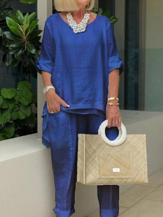 MARSVOVO Womens Plus Size Two Piece Suit Set Solid Summer Fall Soft Loose Crewneck Half Sleeve Casual Pant Suit with Pockets