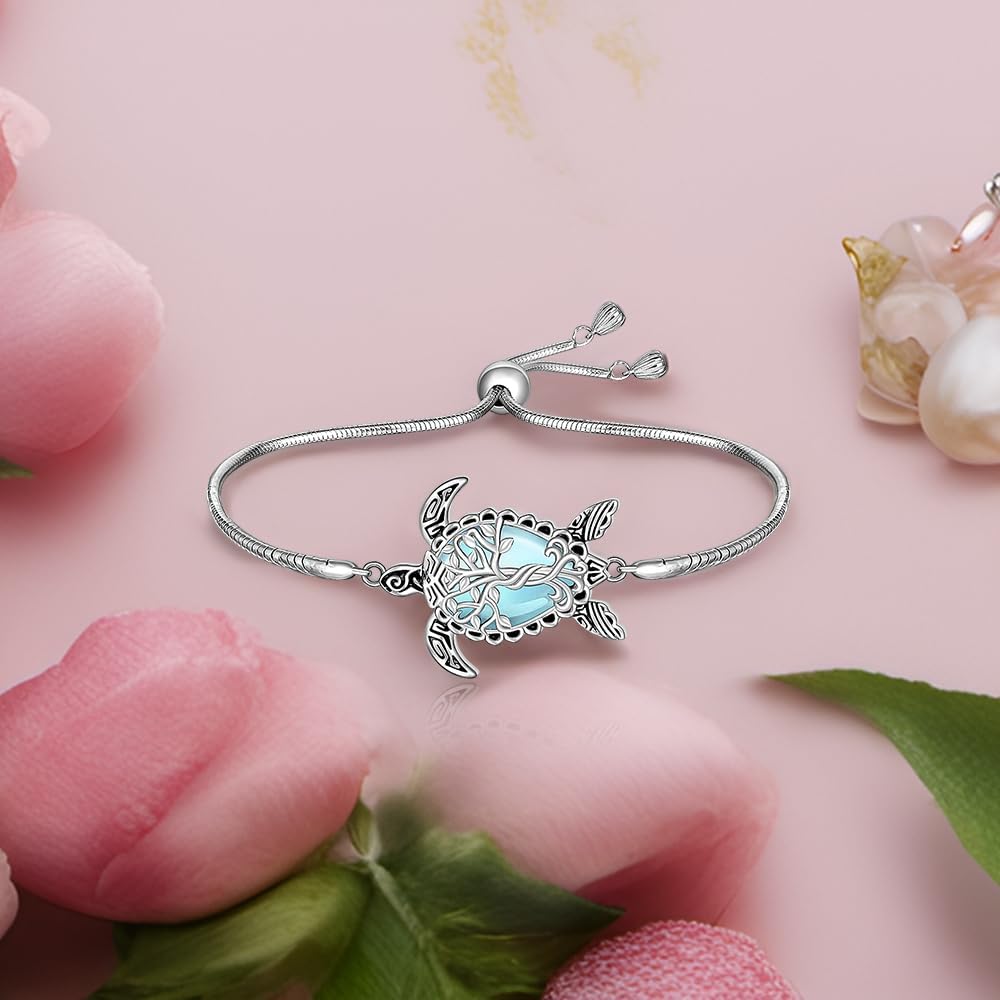 Fenthring Sea Turtle Bracelet for Women Moonstone Tree of Life Bracelet Sterling Silver Turtle Bracelets Ocean Beach Hawaiian Turtles Gifts - Image 8