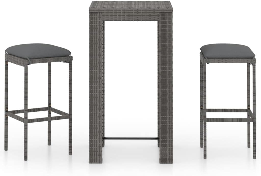 3 Piece Patio Bar Set,All Weather Wicker Furniture,Bistro Set for Bar, Pub, Garden, Backyard, Patio,Indoor Outdoor Furniture,with Cushions Poly Rattan Gray