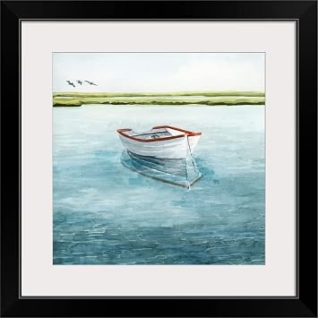 Anchored Bay II Black Framed Wall Art Print, Ships & Boats Artwork