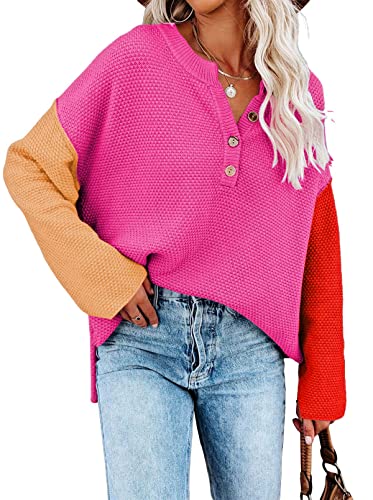 Pink Queen Women's V Neck Button Sweater Oversized Batwing Long Sleeve Henley Pullover Knit Jumper Top