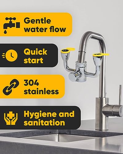 TidyFriend Eye Wash Kit Yellow - Push Style Eye Wash Units,Faucet Mounted Emergency Eye Wash Station - Continuous Flow Eyewash Station with Common Sink Adapters, Inspection Tags & Wall Sign