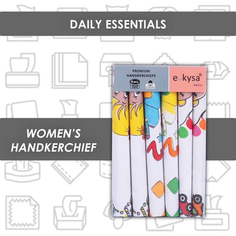 e kysa dailly premium cotton Handkerchief hanky collection for Kids/Children with an easy wash, Size 30 x 30 CM, Pack of 6, White background, Mix Color Prints 3