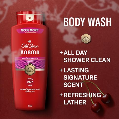 Image of Old Spice Body Wash for Men, 24 /7 Shower Fresh & Clean w /Daily Use, Lasting Signature Scent, Refreshing Lather, Moisturizing Formula, Karma with Cherry Spice, Black Pepper, & Sandalwood Scent, 24 oz