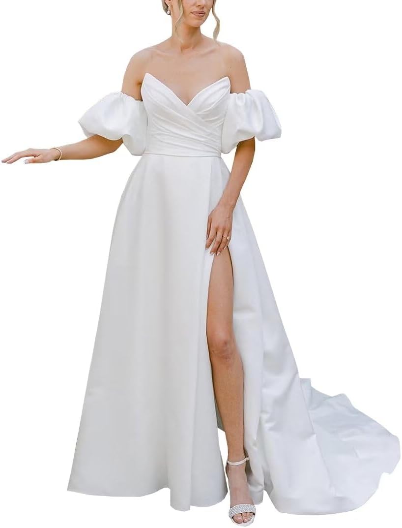 Satin Wedding Dresses for Women Long with Slit Beach Strapless Sweetheart A Line Boho Simple Bridal Gown Puff Sleeves