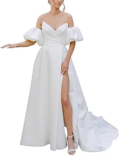 Satin Wedding Dresses for Women Long with Slit Beach Strapless Sweetheart A Line Boho Simple Bridal Gown Puff Sleeves - Buy now