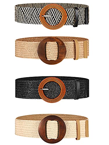 4 Styles Women Belts for Dresses, Elastic Straw Rattan Waist Band with Wood Buckle Fan-Shape Round Buckle for Women, Girls, White, Black, Beige, Stripe