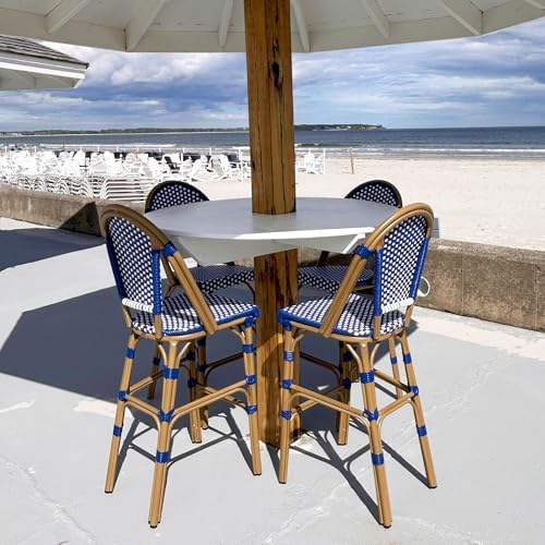 Image of PURPLE LEAF French Counter Height Bar Stool Set of 2 25 inch Bamboo Print Finish Patio Bar Chairs with Back Rattan Bar Chairs French Bistro Set for Kitchen Outdoor Counter Stool Royal Blue