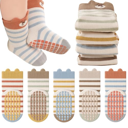 QIYIENDIAN Calcetines Antideslizantes de Algodón 5 pares calcetines para Bebé Niño Niña（Striped bear，1-3Y