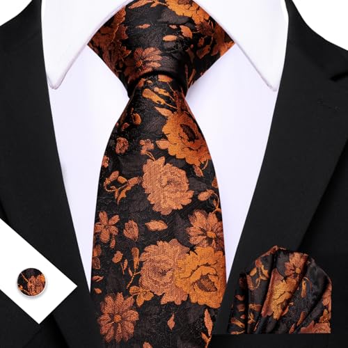 Image of Barry.Wang Flower Ties for Men Silk Woven Floral Tie Sets Necktie Handkerchief Cufflinks Wedding Party