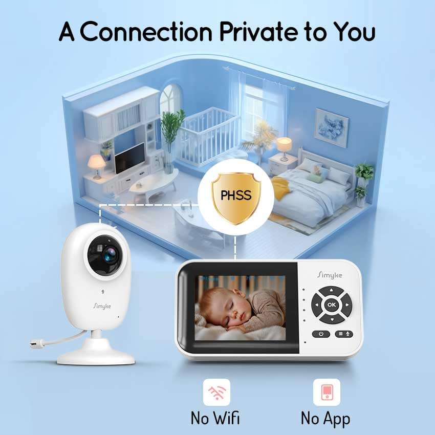 Simyke Moniteur de bébé intelligent avec caméra et audio double mode, commutateur WiFi, écran 2,8", vision nocturne, horloge d'alimentation, détection de température, conversation bidirectionnelle,