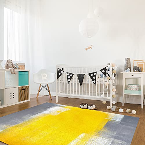 Kithome Contemporary Non-Slip Area Rug Grey And Yellow Abstract Art Texute Printed Rugs Art Carnival Rubber Backing Living Room Floor Mats Rectangle Area Rug Carpet For Indoor 5'X7' #TOP3
