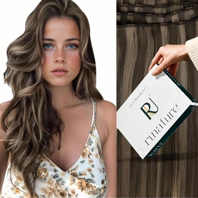 RUNATURE Sew in Hair Extensions Real Human Hair, Brown Highlight Weft Hair Extensions, Weft Human Hair Extension Sew in Real Remy Hair, Full Head,