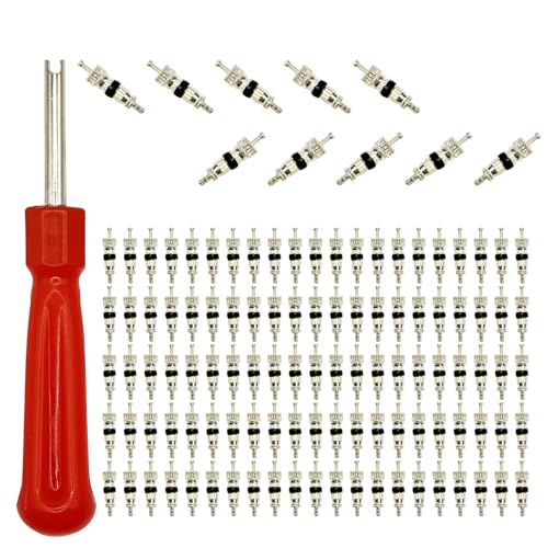 LLAUTOOLS 100Pcs Schrader Tire Valve Core and 1Pc Valve Core Removal Tool,Replacement for General Vehicles of Cars,Motorcycles,Bicycles and Trucks,Two Colors Seal Rubber Ring Available (Black)