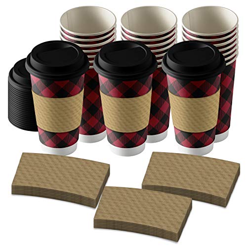 Disposable Hot Coffee Cups - Buffalo Plaid, 24-ct with Lids and Blank Kraft Sleeves