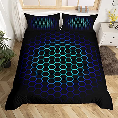 Loussiesd Hexagonal Bedding Set 3D Geometric Honeycomb Duvet Cover for Kids Boys Girls Luxury Beehive Hexagon Comforter Cover Neon Blue Teal Black Decor Bedspread Cover 2Pcs Single - Image 3