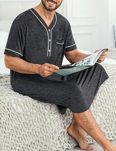 Image of SWOMOG Mens Nightgown Short Sleeve Lounge, Sleep Henley Shirt Pajama Big & Tall Nightshirt Comfy Nightwear M-3XL