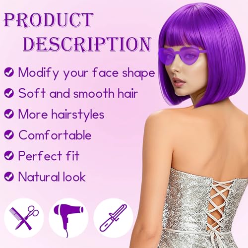 Image of 2 Pack Purple Bob Wig with Bangs Heart Sunglasses for Women, Neon Bobs Funny Party Wigs Synthetic for Adults Birthday Valentine's Day Bachelorette Mardi Gras Party Christmas Halloween Costume