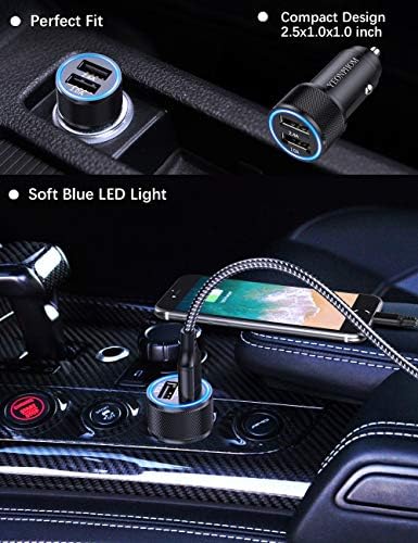 YEONPHOM Car Charger Compatible for iPhone 12 Pro Max/Mini/11 Pro Max/XS Max/XR/X/8/7 Plus/7/6S/6/5S/5C/SE/5,2.4A [All Metal] Dual Fast USB Car Phone Charger Adapter with 2x1M Charging Cable