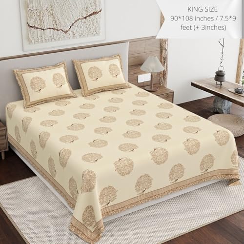 Image of Living Roots Ethnic Jaipur Block Print Double Cotton Bedsheet & 2 Pillow Covers, for Mattress Upto 6 inches Thick, No Colour Bleeding, Earth Brown Colour, King Size 90 * 108 inches, 120TC (605-B)