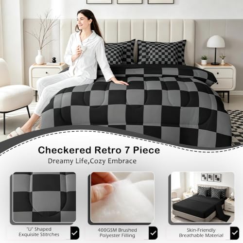 Image of Checkered Retro Comforter Set King Size 7 Pieces Black Grey Plaid Bedding Set for Kids Boys Girls Geometric Vintage Bed in a Bag Modern Simple Groovy Aesthetic Bedroom Decor Quilted Lightweight