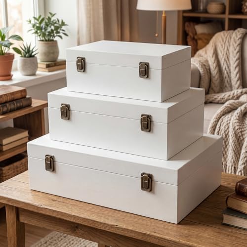 Sliner 3 Pcs Wooden Decorative Storage Boxes with Lids Vintage Wood Organizer Bins for Your Bookshelf Home Decor Safely Store Photos Documents Memory Jewelry Craft Storage (White S M L Size)