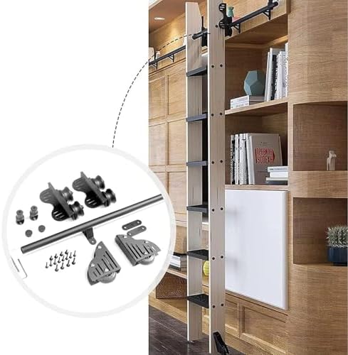 Retractable Rolling Library Ladder Kit - Space-Saving Sliding Track System for Easy Access to High Shelves & Storage - Durable Hardware for Home & Office Use