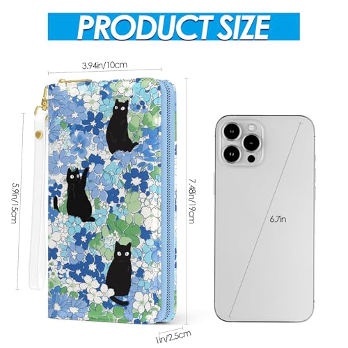 Womens Wallet, Black Cats Wristlet Wallet For Women, Blue Flowers Credit Card Holder Purse With Zipper, Birthday Christmas Graduation Gifts For Women Mom, Travel Office Daily Purse3