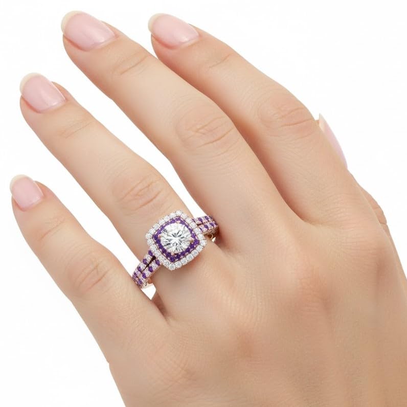 Image of 55Carat Choose Your Gemstone Double Band Square Halo Diamond CZ Ring 18K Rose Gold Plated Round Shape Halo Engagement Rings Everyday Jewelry Wedding Jewelry Handmade Gifts for Wife US Size 4 to 12