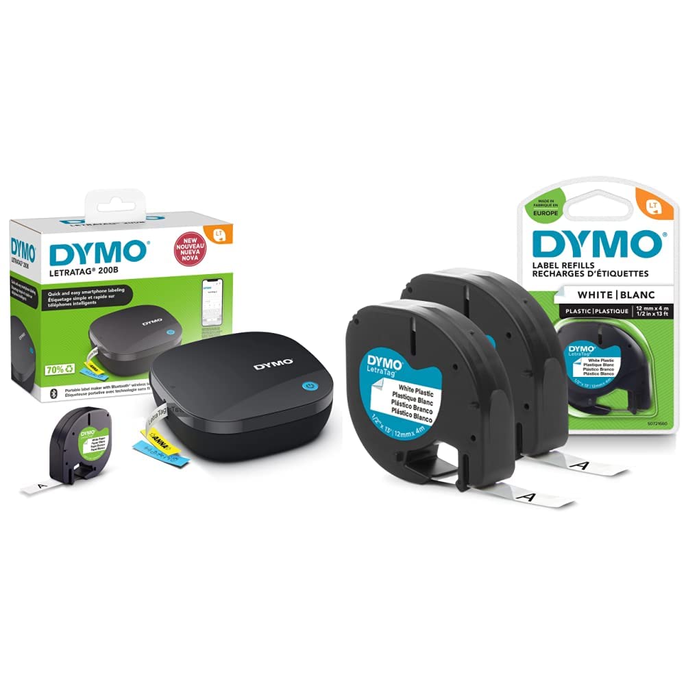 DYMO LetraTag 200B-Beschriftungsgerät mit Bluetooth | kompakter Etikettendrucker in Weiß & Original LetraTag Etikettenband | schwarz auf weiß | 12 mm x 4 m