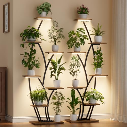 Image of Plant Stand Indoor with Grow Lights - Lighted Indoor Plant Shelf Tall, 61 inch 7 Tier Large Plant Stands for Indoor Growing, 2 Pack Corner Flower Shelves, Half-Moon Metal Holder for Home Living Room Black