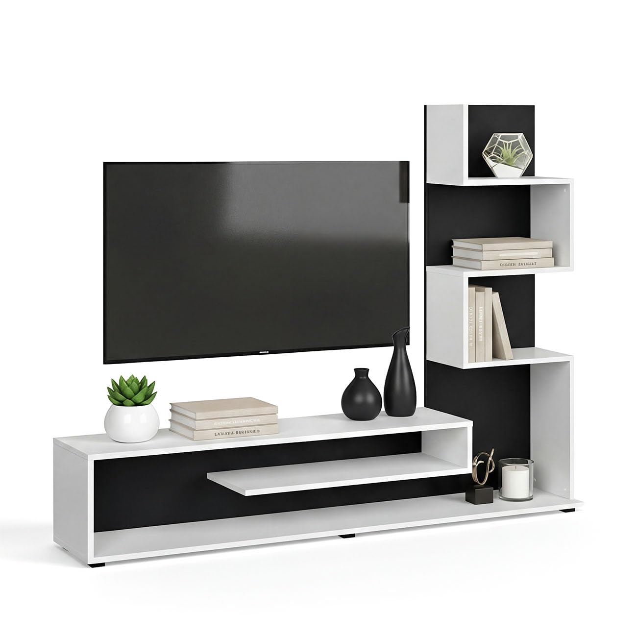 duehome | Mueble de Salón, Composición Modular de TV, Modelo Moobi 160, Acabado en Blanco y Negro, Medidas: 160 cm (Largo) x 29 cm (Fondo) x 124 cm (Alto)