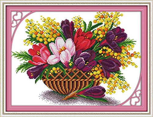 Kit Point de Croix Imprimé Panier de Fleurs 11CT 40x50 cm Broderie DIY