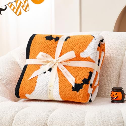 Amélie Home Reversible Halloween Throw Blanket for Couch, Spooky Halloween Ghost Cute Terror Scence, Chenille Knit Soft Cozy for Sofa Home Decor Gifts, 50" x 60", Orange Ghost - image 6