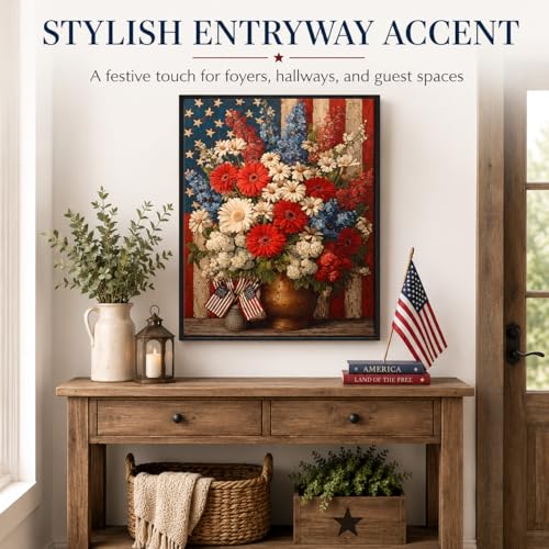 Image of American Flag Framed Canvas Wall Art, 4th of July Floral Canvas Prints, Wildflower Landscape Patriotic Decorations, Vintage Rustic Independence Day Wall Decor for Bedroom Living Room Office 20x24