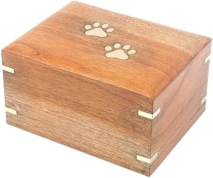 Wooden Small Cremation Pet Urn for Dog and Cat Ashes Box | Handmade Wood Memorial Pet Urn | Brass Paws Inlaid | Pet Memorial | Funeral Urns for Pet Ashes | Mini Keepsake | up to 12 Pounds