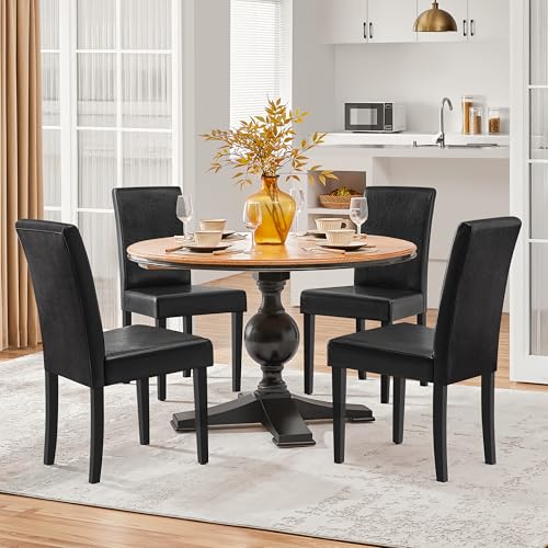 Yaheetech Dining Chairs Set of 4 PU Leather Upholstered Parsons Dining Chairs with Solid Wood Legs for Kitchen/Living Room/Restaurant, Modern Style, Black