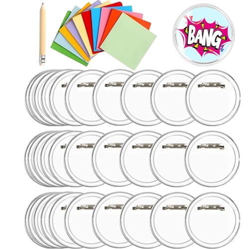 BUYGOO 30PCS Buttons Selber Machen ohne Buttonmaschine mit 100 Farbiges Papier 1 Bleistift,Transparente DIY Ansteckbuttons, Außendurchmesser 60mm Buttons Ansteckbuttons Anstecknadel, für Foto Kleidung