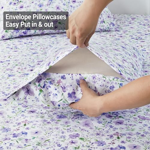 Image of Viviland Floral King Sheet Set - 4 Piece Vintage Lavender Flower and Leaves Patterned Bed Sheets - Soft, Breathable Microfiber Sheets with Deep Pocket, Non-Slip Fitted Sheets & Pillowcases