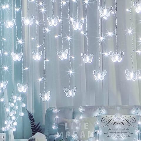 Butterfly Curtain Fairy Lights USB Plug in,120 LED 8 Modes 20FT Firefly Twinkle Icicle String Lights with Remote Timer Waterproof Copper Wire for Bedroom Patio Christmas Wedding Party Dorm(Cool White) Cover