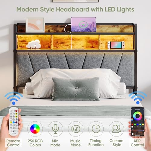 image for Welzona Twin Bed Frames with Headboard, LED Lights Bed Frames with Cha