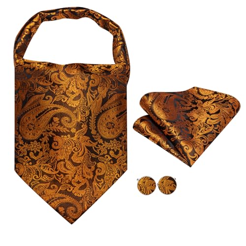 Image of Hi-Tie Silk Ascot for Men Self Tie Men's Cravat and Flower Lapel Pin Handkerchief Cufflinks Set for Wedding Party