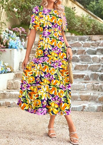 Image of KIRUNDO Summer Dresses for Women 2026 Spring Casual Flutter Short Sleeve Wedding Guest Smocked Flowy Tiered Aline Midi Dress