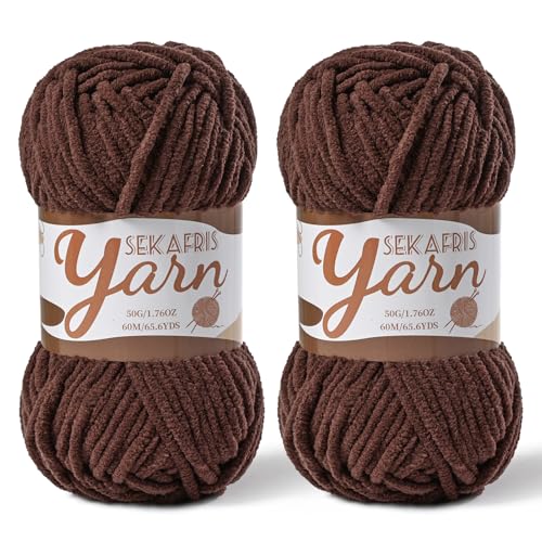 Image of 2 Pack Fluffy Velvet Yarn for Crocheting，Baby Blanket Yarn for Crocheting Soft，100g(131yds) Amigurumi Yarns，Plush Chenille Crochet Yarns，Puzzle Yarn for Crochet Weaving Craft(2 Dark Coffee)