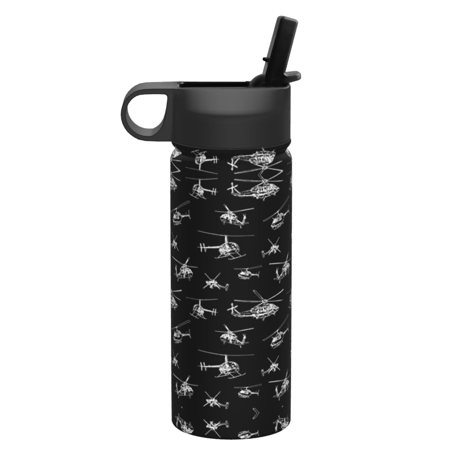 Sport-Trinkflasche mit Hubschrauber-Motiv, 530 ml, isoliert, mit Strohhalm