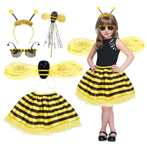 OCBIE Deguisement Abeille Enfant Fille: 5 Pièces Abeille Tutu Ensemble avec Ailes Bandeau Jupe à Rayures Baguette Lunettes pour Halloween Carnaval Cosplay Costume (Abeille)