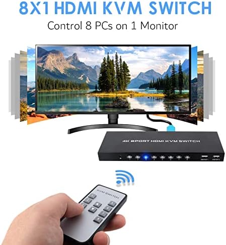 HDMI KVM Switch 8 Port 4K, HDMI Switch KVM with IR Remote Control and 8 PCs 2 in 1 kvm Cables, Supports USB 2.0 Device Keyboard Mouse Hard Disk and Printer